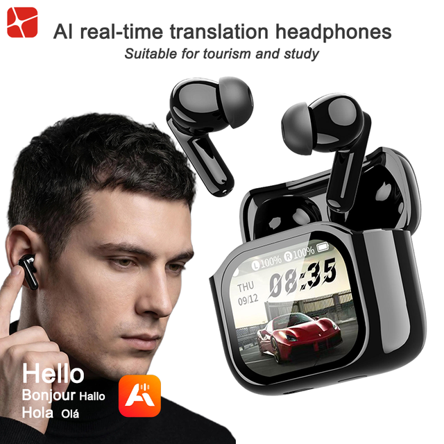 Premium Design Ai Translator Headphones for Men Multilingual Translation Earbuds With Customizable Wallpaper Screen Case