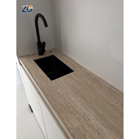Dalles de pierre artificielle frittée ZGSTONE motif travertin beige, finition mate, pour comptoirs de cuisine, îlots et dessus de meubles de salle de bain