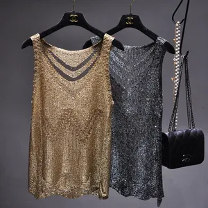 Été nouvelle mode paillettes soie brillante évider col bas Sexy débardeur sans manches Camisole tricoté haut femmes