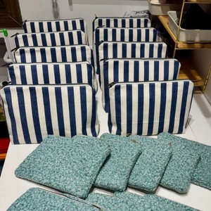Trousse de maquillage en coton à rayures pour femmes bon marché avec fermeture à glissière et logo personnalisé - Product Image 3