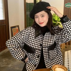Wanita wanita musim semi dan musim gugur pakaian serbaguna jaket mantel kotak-kotak wol PU kerah kulit atasan anak perempuan pakaian jaket Tweed - Product Image 2