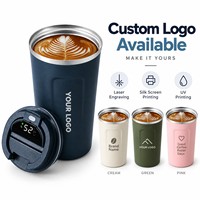 Gobelet à café en acier inoxydable personnalisé avec logo, 380 ml, 510 ml, avec couvercle à affichage de la température, anti-fuite, tasse de voyage isolée