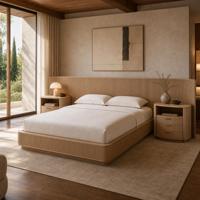 Lit en bois massif de style américain haut de gamme moderne, avec tête de lit à plateforme étendue et table de chevet, disponible en tailles Cal King, Queen et Full.