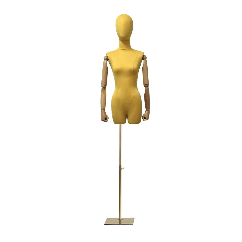 Clearance Sale Yellow Half Body Female Display Dress Form Fashion Lady Velvet Mannequin Torso With Wooden Arms Display Model