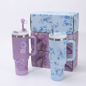 Gobelet isotherme sous vide en acier inoxydable 304 de 40 oz à motif floral, portable pour l'extérieur, avec poignée et paille, pour voiture - Product Image 1
