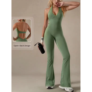 Combinaison de sport pour femme en dentelle, taille en V, dos ouvert, avec pantalon de yoga évasé à jambe large et haut tube, pour la gym et le sport - Product Image 1