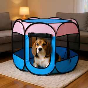 Carpa Plegable Portátil para Mascotas, Corral de Ejercicio con Malla Azul y Rosa, Cierre de Cremallera, Diseño Plegable para Interiores - Product Image 2