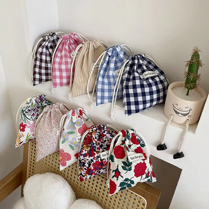 Floral Print Plaid Cotton <b>Drawstring</b> <b>Pouch</b> Bag for Makeup Key Storage Eco Friendly Small Canvas <b>Drawstring</b> Cloth Bag - Product Image 1