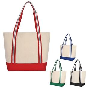 Sac de shopping en coton bicolore avec poche zippée, poignées rayées, sac fourre-tout écologique - Product Image 5