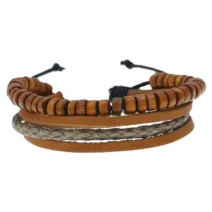 wholesale charm handmade simple braided leather retro multi layer women wood beads for bracelets