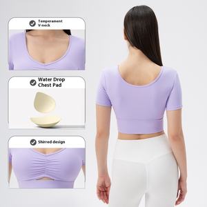 <span class=keywords><strong>Camiseta</strong></span> deportiva <span class=keywords><strong>de</strong></span> Yoga <span class=keywords><strong>de</strong></span> manga corta ajustada Sexy <span class=keywords><strong>para</strong></span> <span class=keywords><strong>mujer</strong></span>, cuello en V, secado rápido, ligera, Fitness, correr, entrenamiento, transpirable - Product Image 1