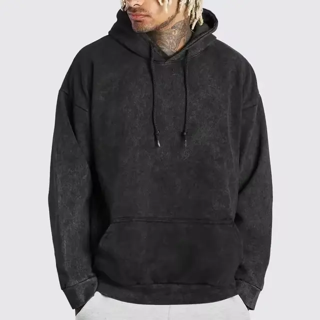 Kış sezonu OEM ODM drawstrıngs siyah boş pamuklu kazak güneş soluk Hoodie boy kapşonlu asit yıkanmış Hoodie