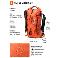 Sac à dos de randonnée imperméable en nylon à fermeture roll-top 15L, léger et respirant, pour cyclistes
