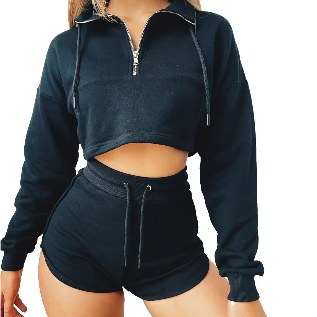 Seksi kadın giyim iki parçalı yarım Zip kırpma üst ve şortlar seti özel kırpılmış Hoodie seti