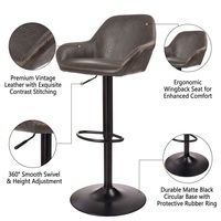 Tabouret de bar Wingback avec coutures en zigzag, noir mat, piétement annulaire, repose-pieds, hauteur réglable, base pivotante à 360° pour cuisine et pub