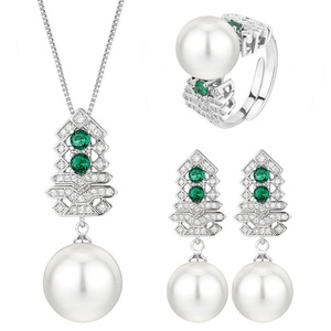Fashion Eco-friendly Copper Christmas Tree Style Earrings Necklace Set <b>Emerald</b> Green Zirconia 16-12mm White Pearl Jewelry Set - Product Image 1