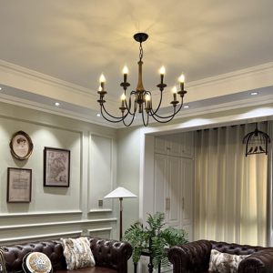 Lustre LED rustique en <span class=keywords><strong>bois</strong></span> vieilli et fer forgé, style campagnard français, avec pampilles en forme de bougies, angle de faisceau 360°, pour salon - Product Image 3