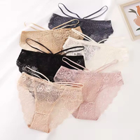 Best verkochte sexy zachte kant kruisbandjes effen gebreide bikini doorschijnende lage taille slip met opening voor dames feest intieme kleding