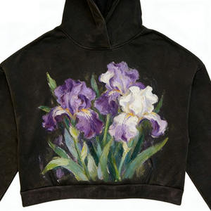 Sweat-shirt à capuche court vintage noir avec motif floral artistique de roses en huile, imprimé floral <span class=keywords><strong>rose</strong></span> et blanc - Product Image 3