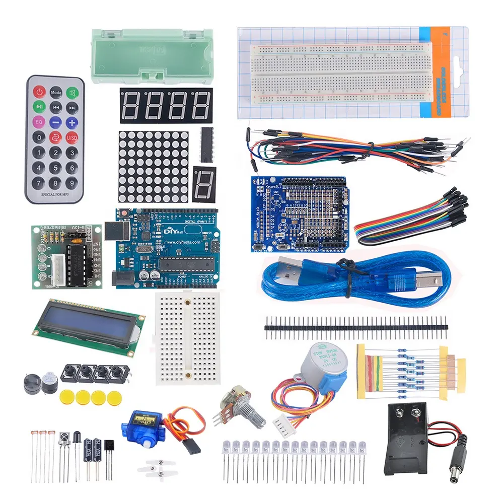 ชุดการเรียนรู้เริ่มต้นอิเล็กทรอนิกส์สำหรับ Arduino, MCU Board 1602 LCD มอเตอร์ไดรเวอร์ Breadboard ตัวต้านทาน LEDs ชุดสายโพเทนชิออมิเตอร์