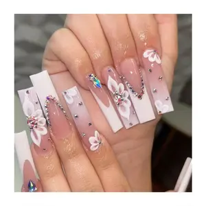 3D Flower Rhinestone French Tips Artificial Nails Long Coffin In Stock Press On Nails Custom Logo Private Label Fake Nails