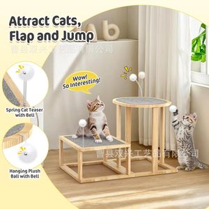 Wooden Cat Tree Tower 2 Levels Solid Wood <b>Scratching</b> <b>Post</b> With Bell Teaser For Small Cats Indoor Use - Product Image 1