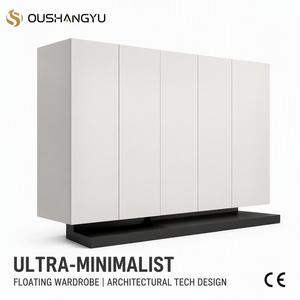 Armoire autoportante ultra-minimaliste en bois flottant, écologique, sans poignées, blanche, pour suite parentale, avec plateforme noire - Modèle 2026 - Product Image 1