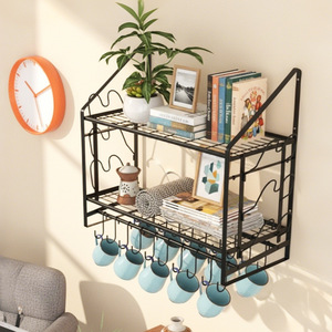 <b>Wall</b> Mounted Double Layer <b>Storage</b> Rack With <b>Hanging</b> Hooks For Kitchen Cookware Dishes Tableware Organization - Product Image 1