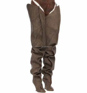 Giày bốt cao quá gối chất liệu denim không co giãn, kiểu dáng unisex, dành cho nam và nữ, gót <span class=keywords><strong>kitten</strong></span>, màu nâu, ống rộng, kiểu scrunch. - Product Image 2