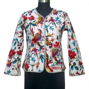 Casual Women's Short Winter Quilted V-Neck Floral Digital Printed 100% Cotton Long Sleeve Button Knitted <b>Jacket</b> - Product Image 1
