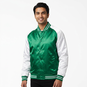 Chaqueta Varsity de Satén Delgada Personalizada de Diseñador, Verde y Plateada, con Bordado de Letras de Escuela Secundaria, Venta al Por Mayor - Product Image 1