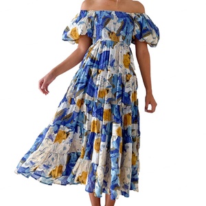 Vestido Casual para Mujer, Ropa de Tela Personalizada, Vestido con Estampado Floral, Hombros Descubiertos o Cuello en U, con Puntadas Decorativas - Product Image 1