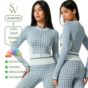 Conjunto Deportivo de Yoga de Dos Piezas con Cremallera y Diseño de Rejilla sin Costuras para Europa y América, Ropa de Yoga de Manga Larga para Fitness - Product Image 1
