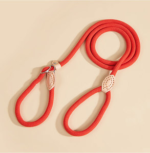 Laisse pour chien en nylon rouge avec détails en cuir, style simple et mains libres, pour chiens - Product Image 5