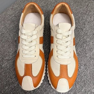 Men's Genuine <b>Leather</b> <b>Sneakers</b> White Brown Hollowed Out Low Top Casual Fitness Walking Shoes Flat Heel Front Laces - Product Image 2