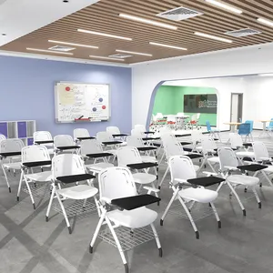 Móveis de escola branca dobrável, de alta qualidade, cadeira de plástico para estudantes, cadeiras de sala de treinamento com almofada de escrita