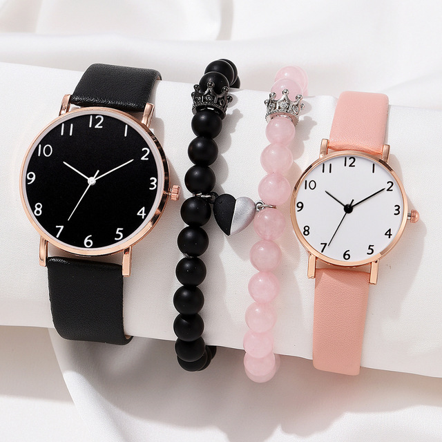 Hot Selling Original Romantic Couple's Black Pink Quartz Watch and Magnetic Heart Bracelet Set