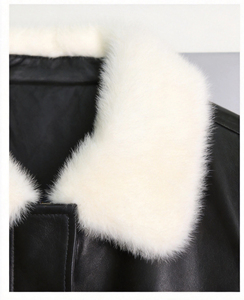 Nuova <span class=keywords><strong>Giacca</strong></span> in Pelle Imbottita con Collo in Pelliccia di Visone Naturale per Autunno e Inverno, Piumino Corto <span class=keywords><strong>Oversize</strong></span> da <span class=keywords><strong>Donna</strong></span> con Orlo Annodabile in Vita - Product Image 5