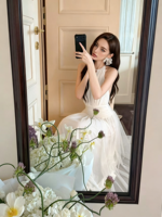 Robe de soirée moulante Nicecover rose sexy à fines bretelles en soie, fente haute et strass, idéale pour les soirées et les fêtes - Nouvelle collection à succès