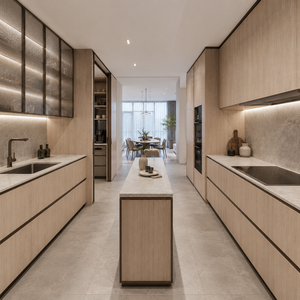 Meubles <span class=keywords><strong>de</strong></span> cuisine sur mesure en placage <span class=keywords><strong>de</strong></span> bois ivoire doré avec rangement supérieur en verre, disposition en galley - Product Image 1