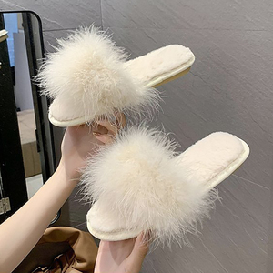 Custom Spring Soft Comfy Women New Popular Open Toe Fluffy Furry White Fur <strong>Slippers</strong> <strong>with</strong> <strong>Feather</strong> - Product Image 1