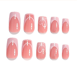 Faux ongles longs réutilisables pré-finis, style French Press, base nude, motif ligne artistique, couleur café au lait, pour usage quotidien et fêtes, vente en gros - Product Image 2