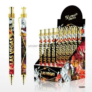 Souvenirs plastic push action ball pen customized full color logo spiral metal clip display box package