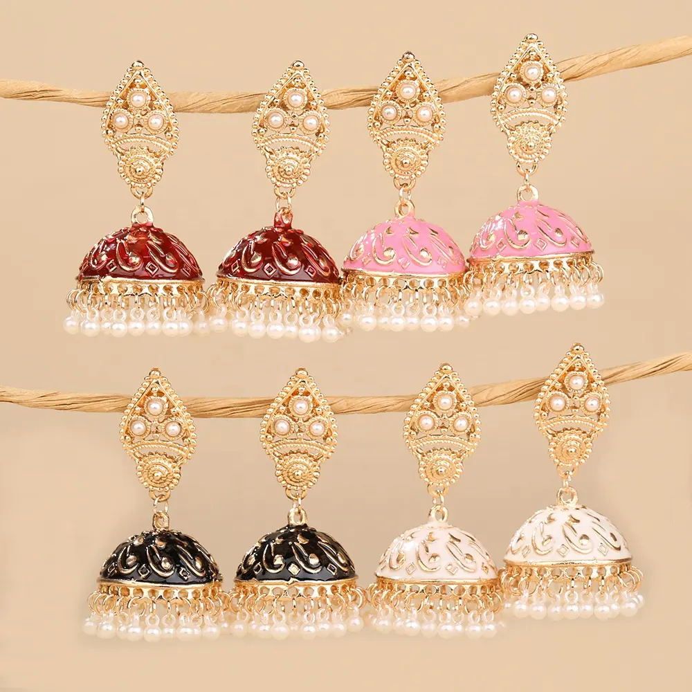 wholesale Bohemian handmade red pink bell dangle kundan earrings Indian Earrings Jhumka for women jewellery