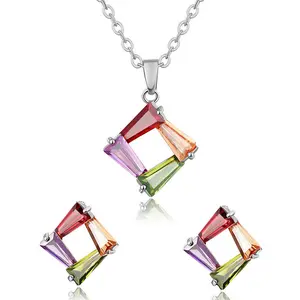 Colorful dubai cheap bridal Silver plated zircon necklace and earrings wedding Jewelry sets love gifts for women