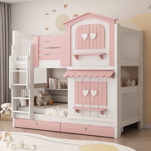 Letto a Castello Multifunzionale Minimalista in Legno Massello per Bambini con Scivolo, a Due Piani, Alto e <span class=keywords><strong>Basso</strong></span>, Castello Rosa a Forma di Albero per Madre e Figlia - Product Image 1