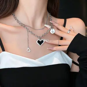 Personality Hip Hop Double Layer Chain Round Disc Letter Black Mosaic Love Heart Pendant Fashion Jewelry Necklace For Women