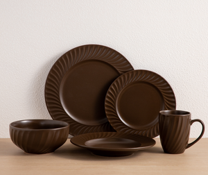 Wholesale Custom <b>Chocolate</b> color Ribbed Ceramic Tableware, Matte Stoneware Dinner Set, Free Design & Custom Logo Available - Product Image 1