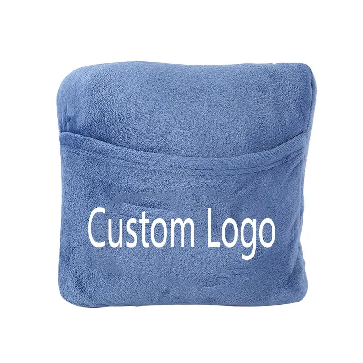 Custom Logo Zachte Flanellen Fleece Reisdeken 2 In 1 Kussenset Vliegtuig Set Flanellen Fleece Deken