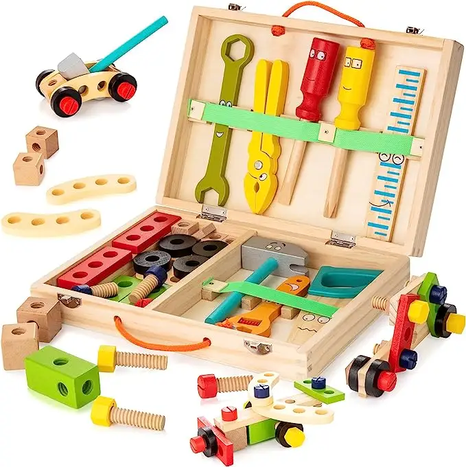 Alter 1-3 3-5 Pädagogisches Kidwill-Werkzeugset für Kinder Holzwerk zeug kasten mit 34 hölzernen Werkzeug kasten für Kinder
